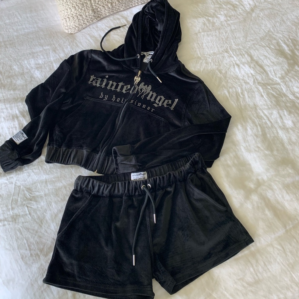 Tainted Angel by Holy Sinner black velour logo set hoodie shorts M EUC